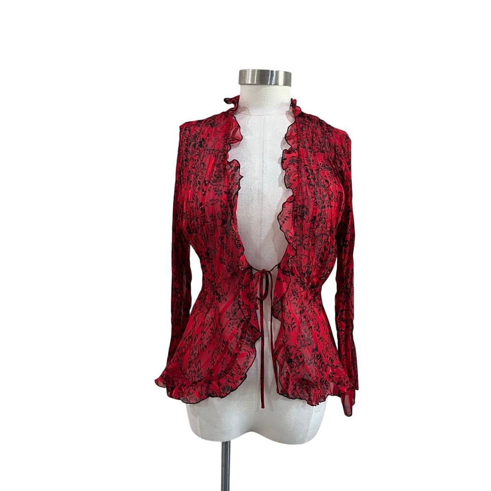 Vintage Y2K Kim Rogers Red Floral Print Ruffle Tie Front Blouse Size L
